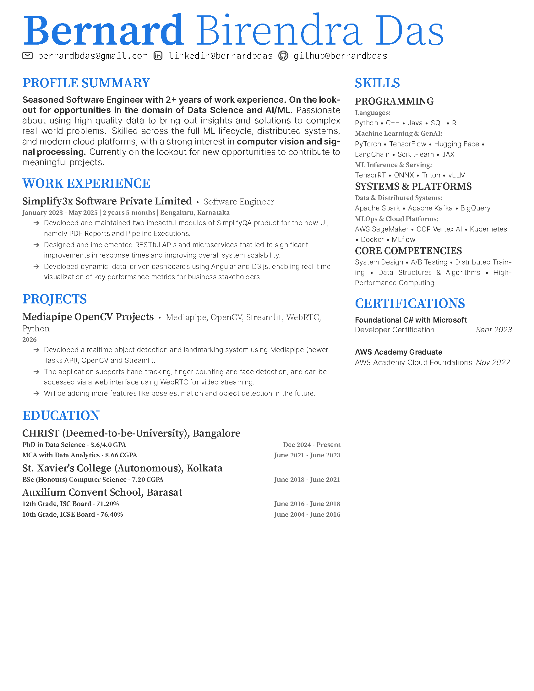 Bernard Birendra Das Visual Resume — Source Serif Pro Edition
